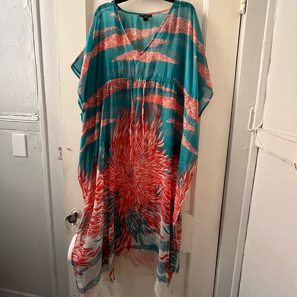 Coral and Teal Swim Coverup with Tie Around Waist - Women’s Size M